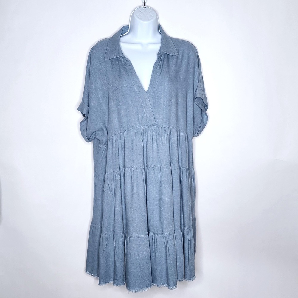 Umgee Short Ruffle  Tiered Mini Dress Denim Blue Size Large